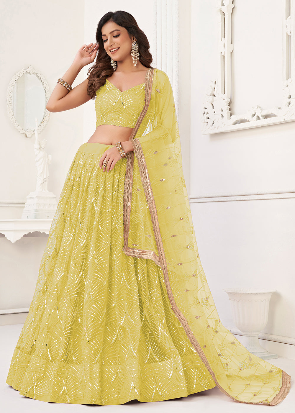 Buy Now Embroidered Net Lime Yellow Sangeet & Wedding Lehenga Choli Online in USA, UK, Canada, France, Italy, Greece, Sweden & Worldwide at Empress Clothing.