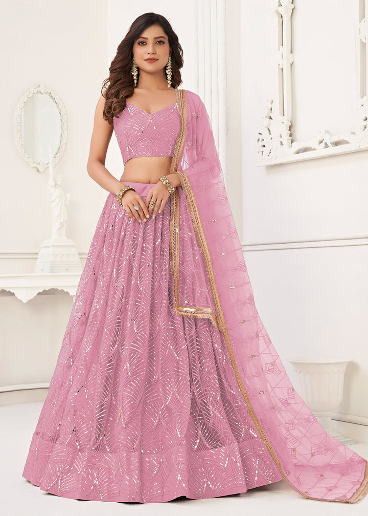 Buy Now Embroidered Net Dusty Pink Sangeet & Wedding Lehenga Choli Online in USA, UK, Canada, France, Italy, Greece, Sweden & Worldwide at Empress Clothing.