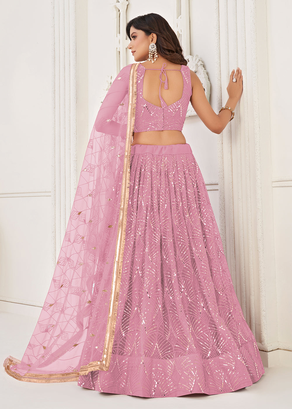 Buy Now Embroidered Net Dusty Pink Sangeet & Wedding Lehenga Choli Online in USA, UK, Canada, France, Italy, Greece, Sweden & Worldwide at Empress Clothing.