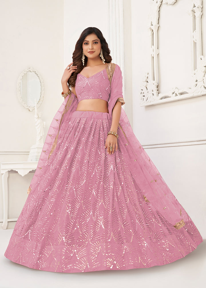 Buy Now Embroidered Net Dusty Pink Sangeet & Wedding Lehenga Choli Online in USA, UK, Canada, France, Italy, Greece, Sweden & Worldwide at Empress Clothing.