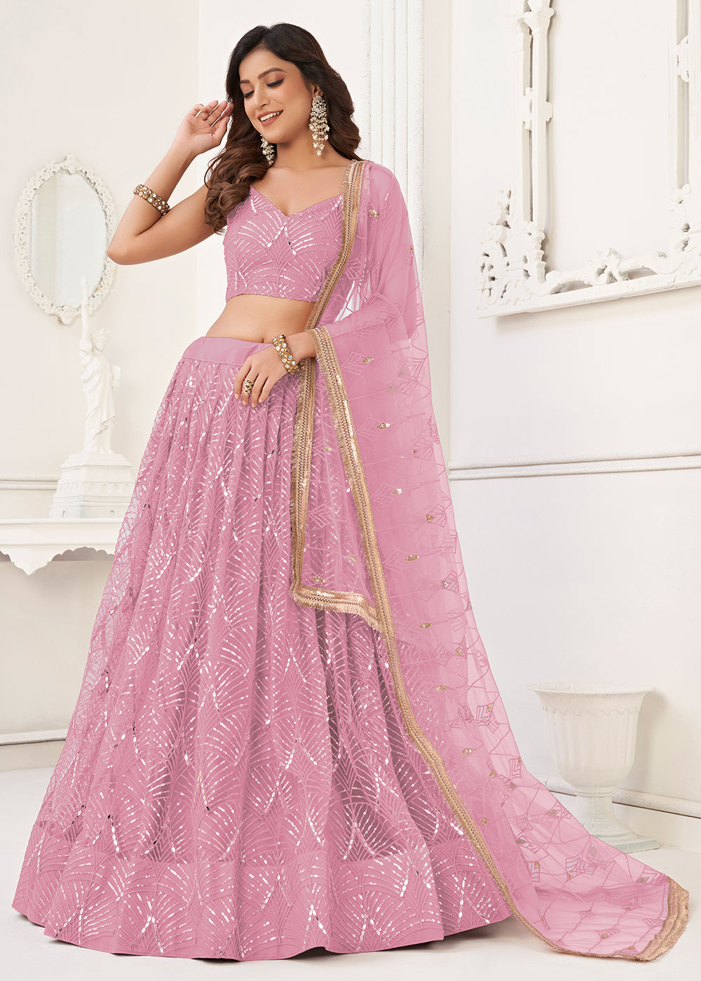 Buy Now Embroidered Net Dusty Pink Sangeet & Wedding Lehenga Choli Online in USA, UK, Canada, France, Italy, Greece, Sweden & Worldwide at Empress Clothing.