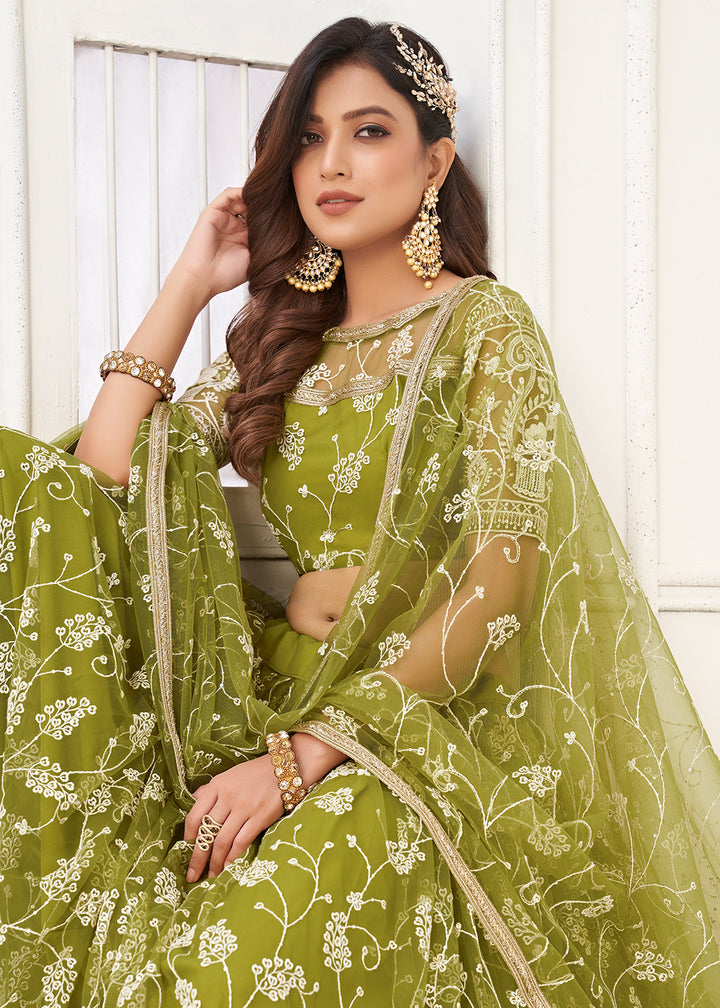 Buy Now Embroidered Net Green Mehndi & Haldi Wedding Lehenga Choli Online in USA, UK, Canada & Worldwide at Empress Clothing. 