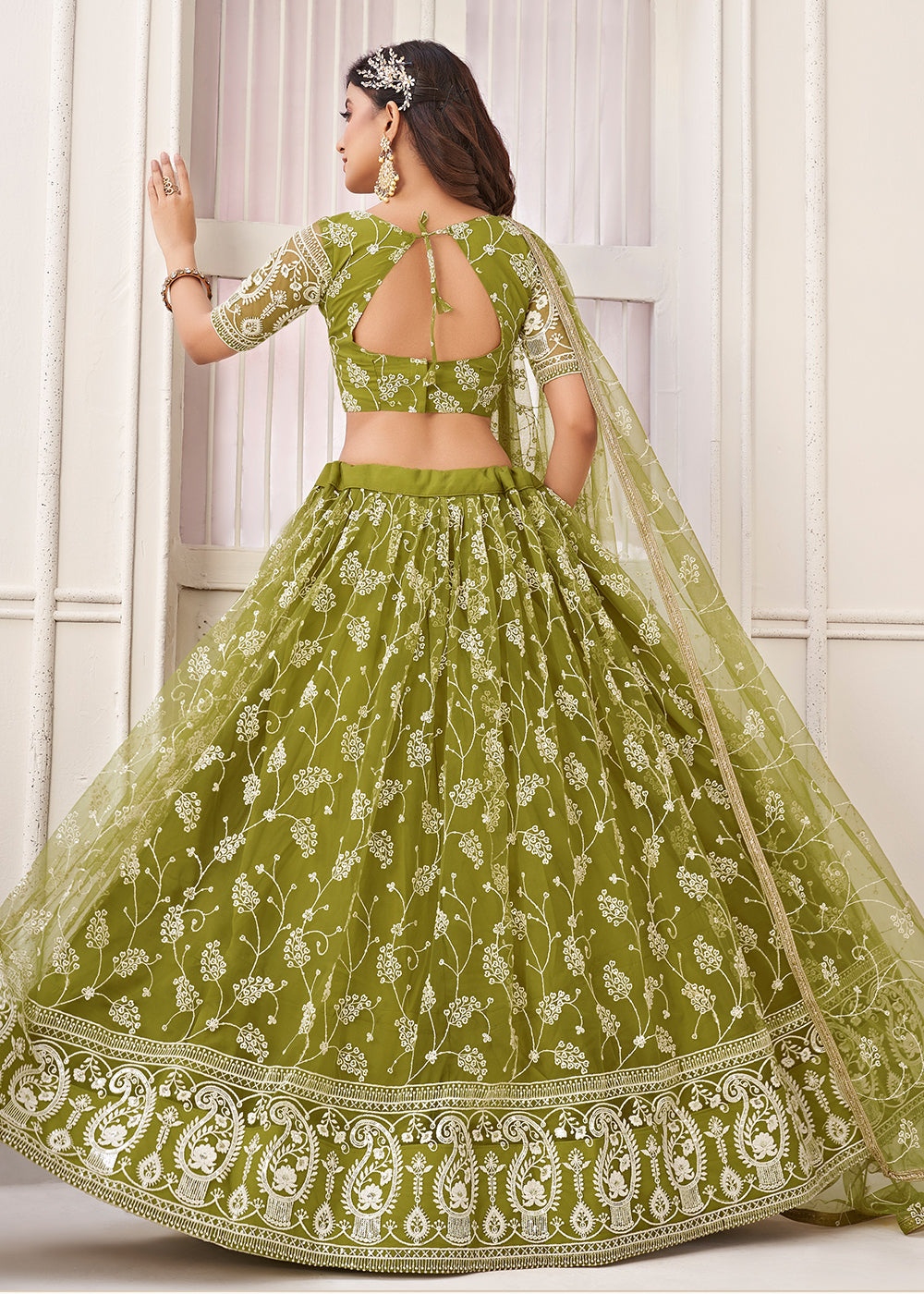 Buy Sangeet Wedding Lehenga Choli Embroidered Net Green