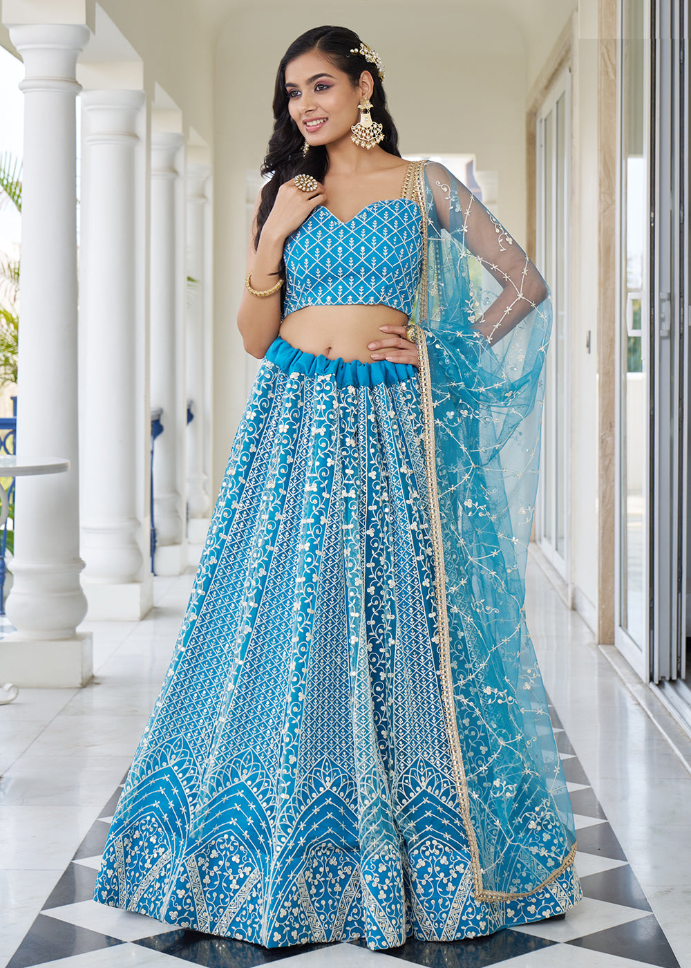 Buy Now Azure Blue Designer Embroidered Wedding Lehenga Choli Online in USA, UK, Canada & Worldwide at Empress Clothing.