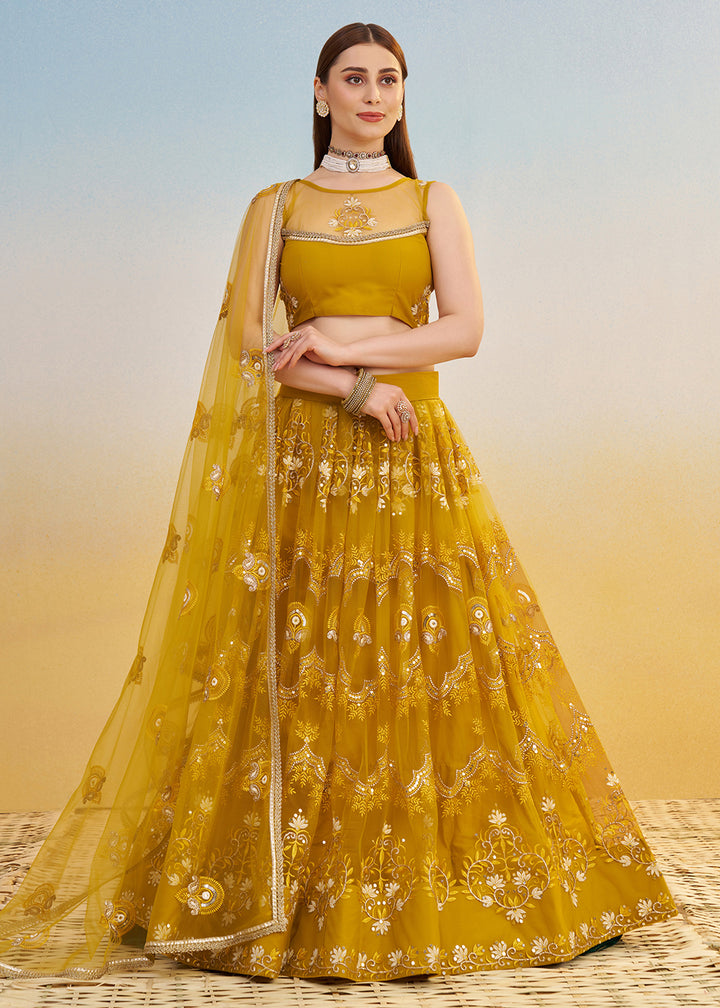 Buy Now Designer Mustard Embroidered Wedding Party Lehenga Choli Online in USA, UK, Canada, France, Italy, Germany, Australia & Worldwide at Empress Clothing.