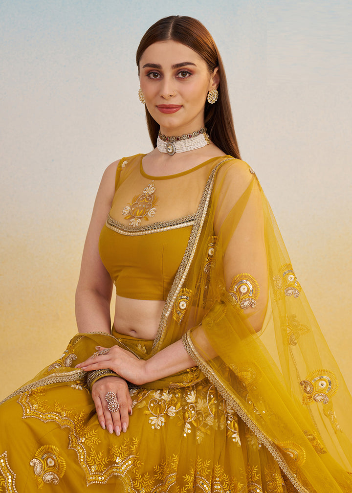 Buy Now Designer Mustard Embroidered Wedding Party Lehenga Choli Online in USA, UK, Canada, France, Italy, Germany, Australia & Worldwide at Empress Clothing.