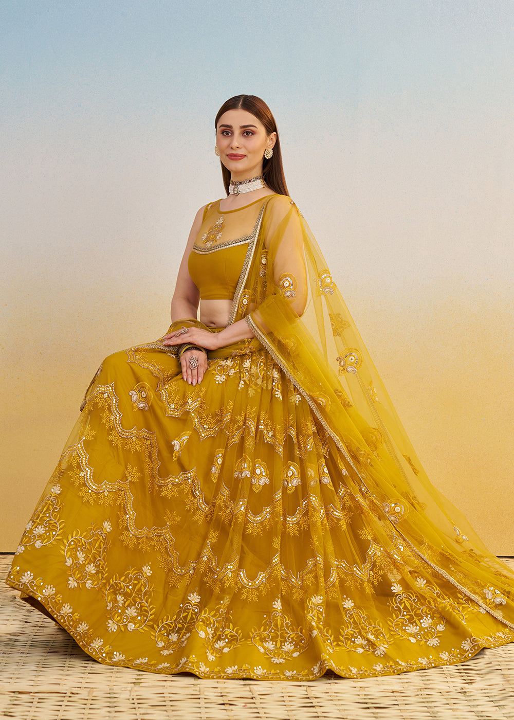 Buy Now Designer Mustard Embroidered Wedding Party Lehenga Choli Online in USA, UK, Canada, France, Italy, Germany, Australia & Worldwide at Empress Clothing.