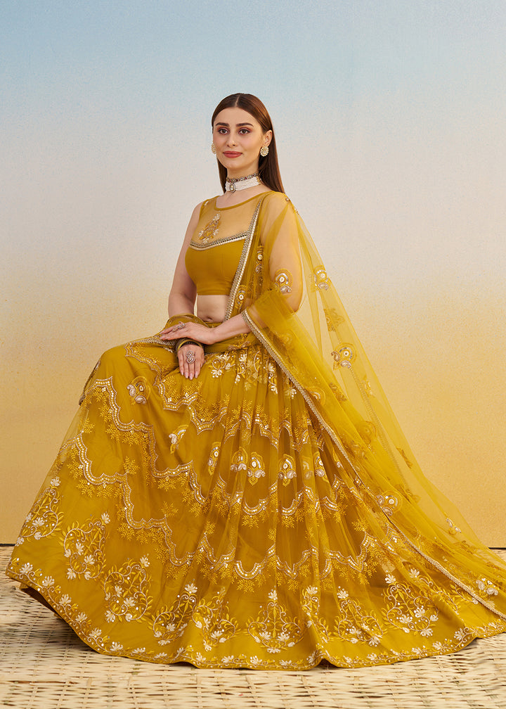 Buy Now Designer Mustard Embroidered Wedding Party Lehenga Choli Online in USA, UK, Canada, France, Italy, Germany, Australia & Worldwide at Empress Clothing.