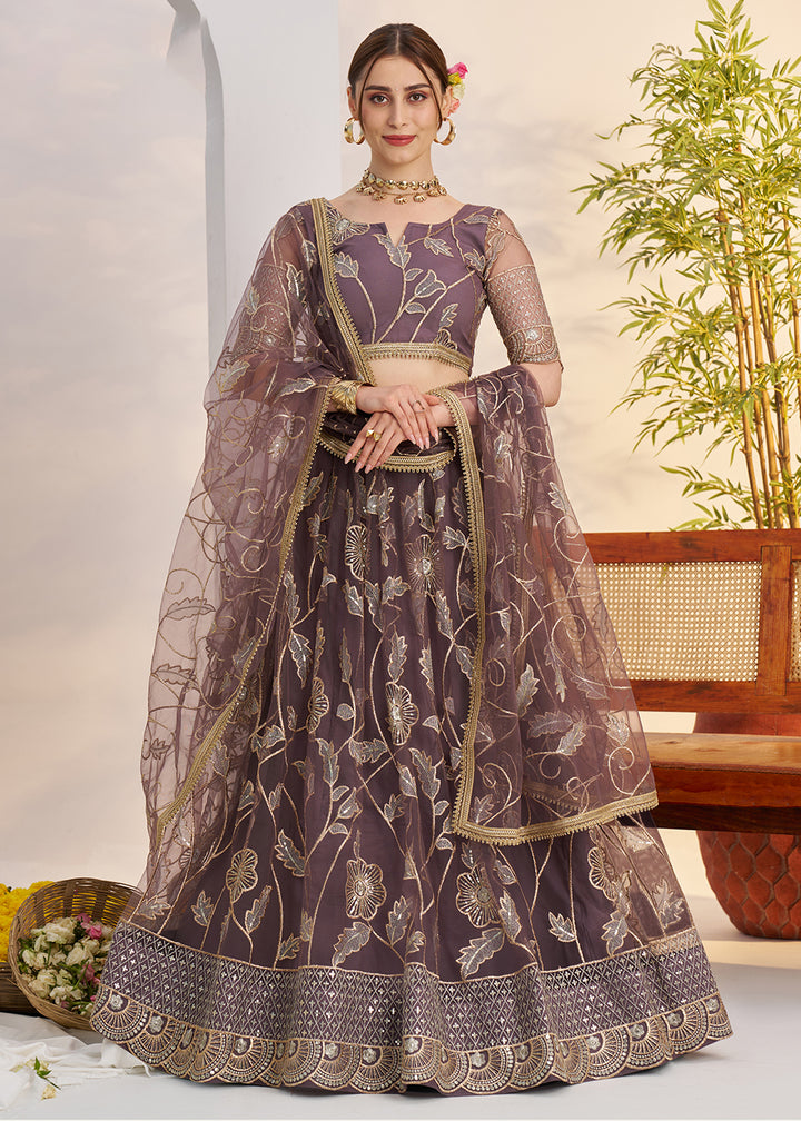 Buy Now Onion Mauve Net Wedding Party Wear Lehenga Choli Online in US, UK, Canada, France, Italy, Germany, Austria, Singapore, Denmark & Worldwide at Empress.