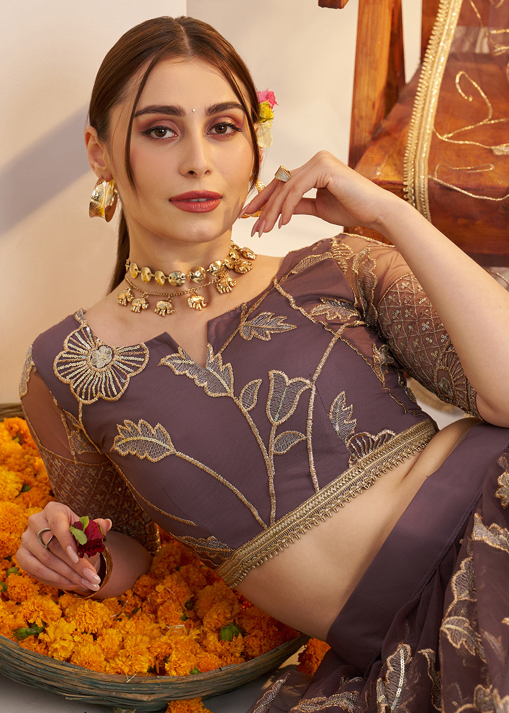 Buy Now Onion Mauve Net Wedding Party Wear Lehenga Choli Online in US, UK, Canada, France, Italy, Germany, Austria, Singapore, Denmark & Worldwide at Empress.