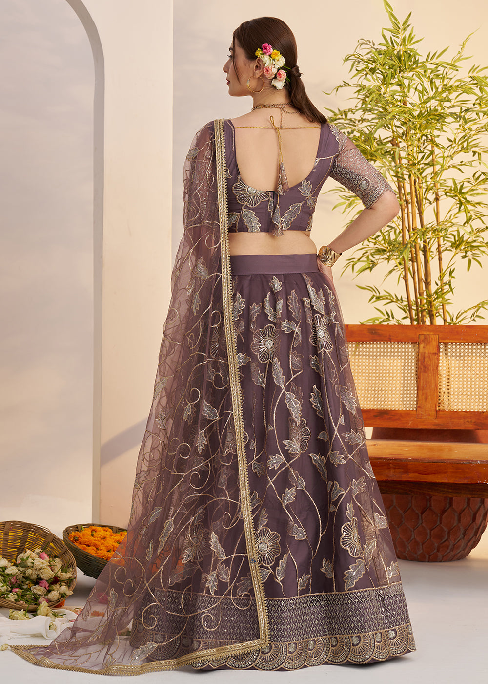 Buy Now Onion Mauve Net Wedding Party Wear Lehenga Choli Online in US, UK, Canada, France, Italy, Germany, Austria, Singapore, Denmark & Worldwide at Empress.