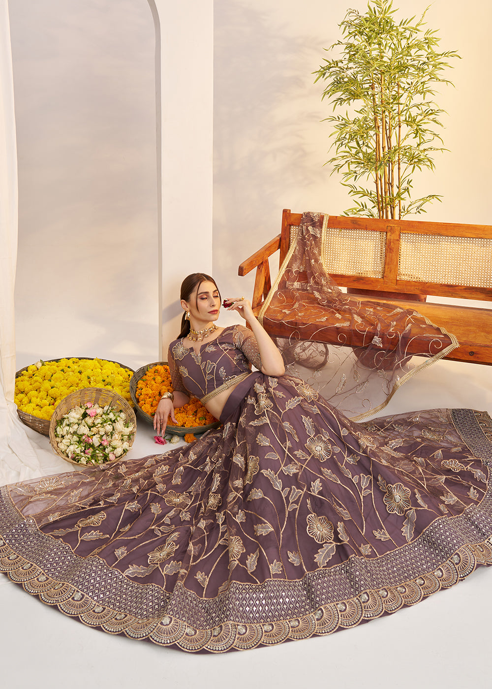 Buy Now Onion Mauve Net Wedding Party Wear Lehenga Choli Online in US, UK, Canada, France, Italy, Germany, Austria, Singapore, Denmark & Worldwide at Empress.