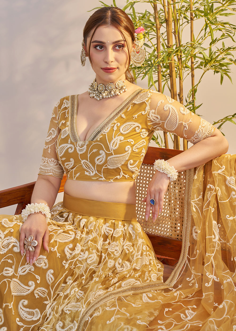Buy Now Light Gold Net Wedding Party Wear Lehenga Choli Online in US, UK, Canada, France, Italy, Germany, Austria, Singapore, Denmark & Worldwide at Empress.