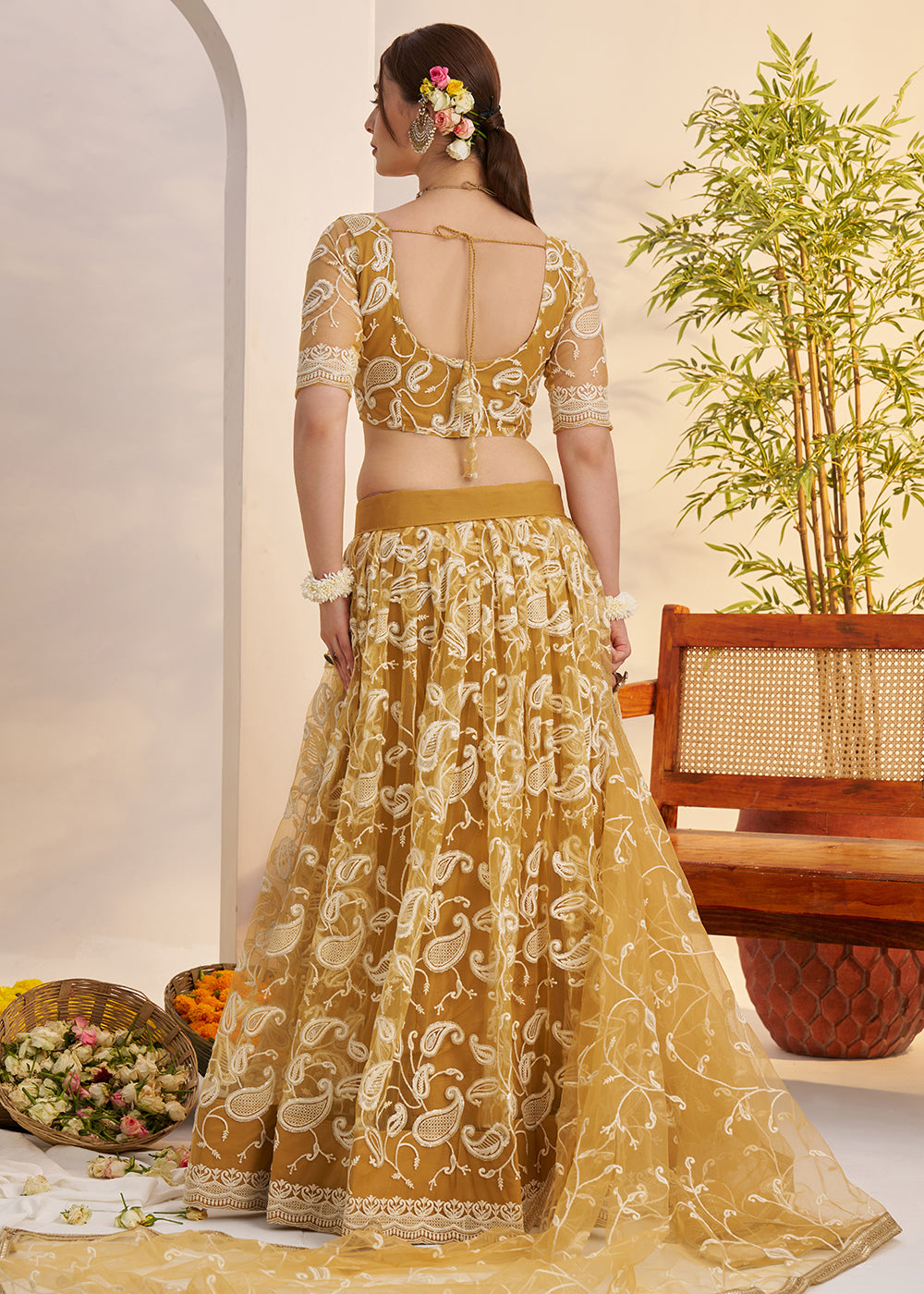Buy Now Light Gold Net Wedding Party Wear Lehenga Choli Online in US, UK, Canada, France, Italy, Germany, Austria, Singapore, Denmark & Worldwide at Empress.