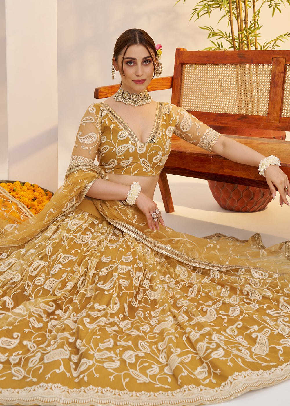 Buy Now Light Gold Net Wedding Party Wear Lehenga Choli Online in US, UK, Canada, France, Italy, Germany, Austria, Singapore, Denmark & Worldwide at Empress.