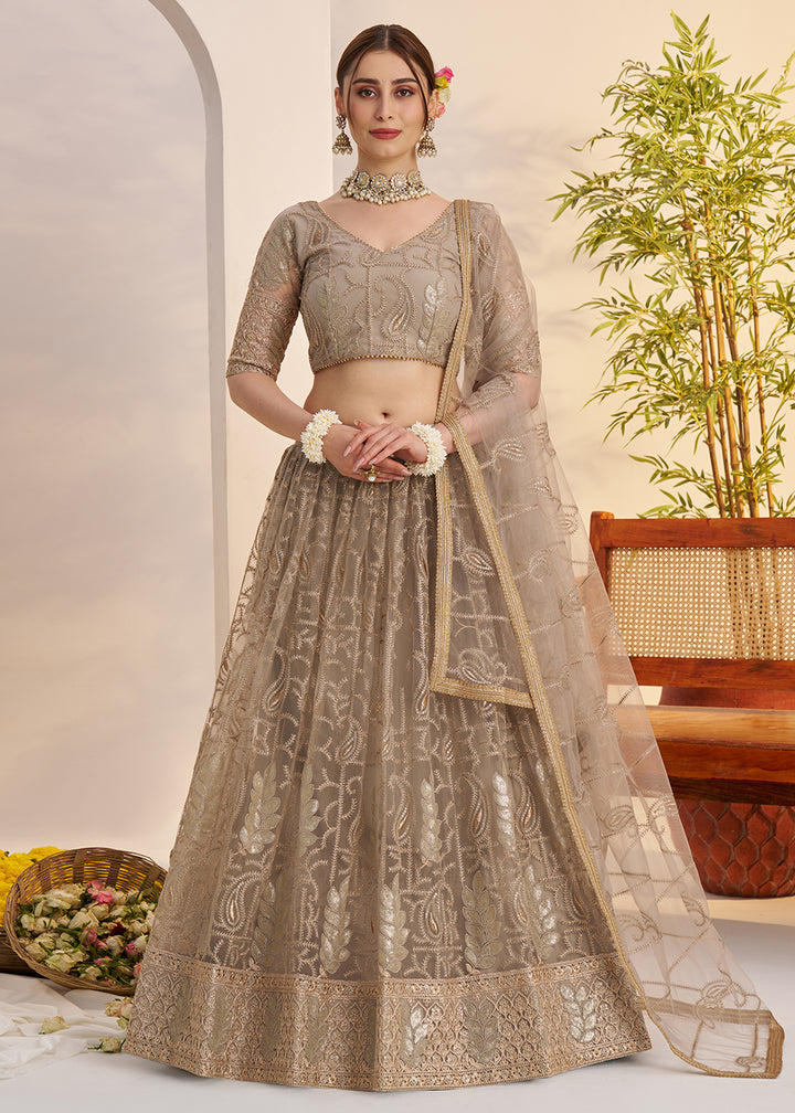 Buy Now Metal Grey Net Wedding Party Wear Lehenga Choli Online in US, UK, Canada, France, Italy, Germany, Austria, Singapore, Denmark & Worldwide at Empress.