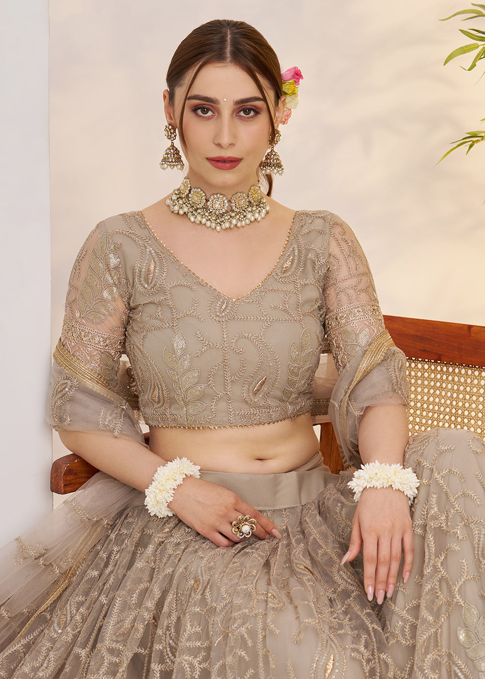 Buy Now Metal Grey Net Wedding Party Wear Lehenga Choli Online in US, UK, Canada, France, Italy, Germany, Austria, Singapore, Denmark & Worldwide at Empress.