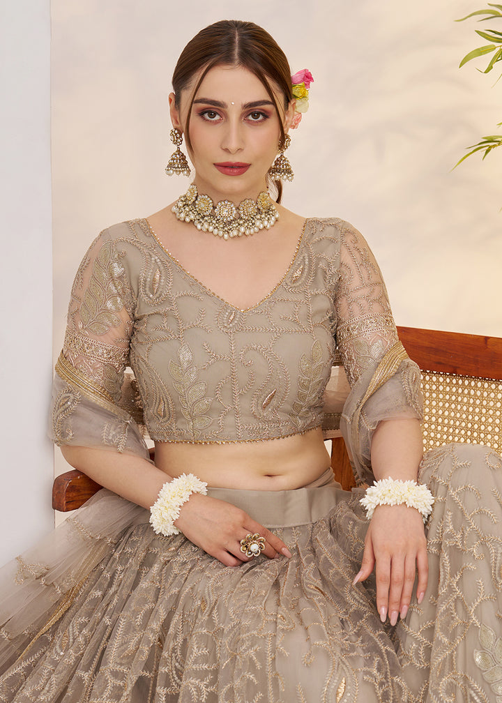 Buy Now Metal Grey Net Wedding Party Wear Lehenga Choli Online in US, UK, Canada, France, Italy, Germany, Austria, Singapore, Denmark & Worldwide at Empress.
