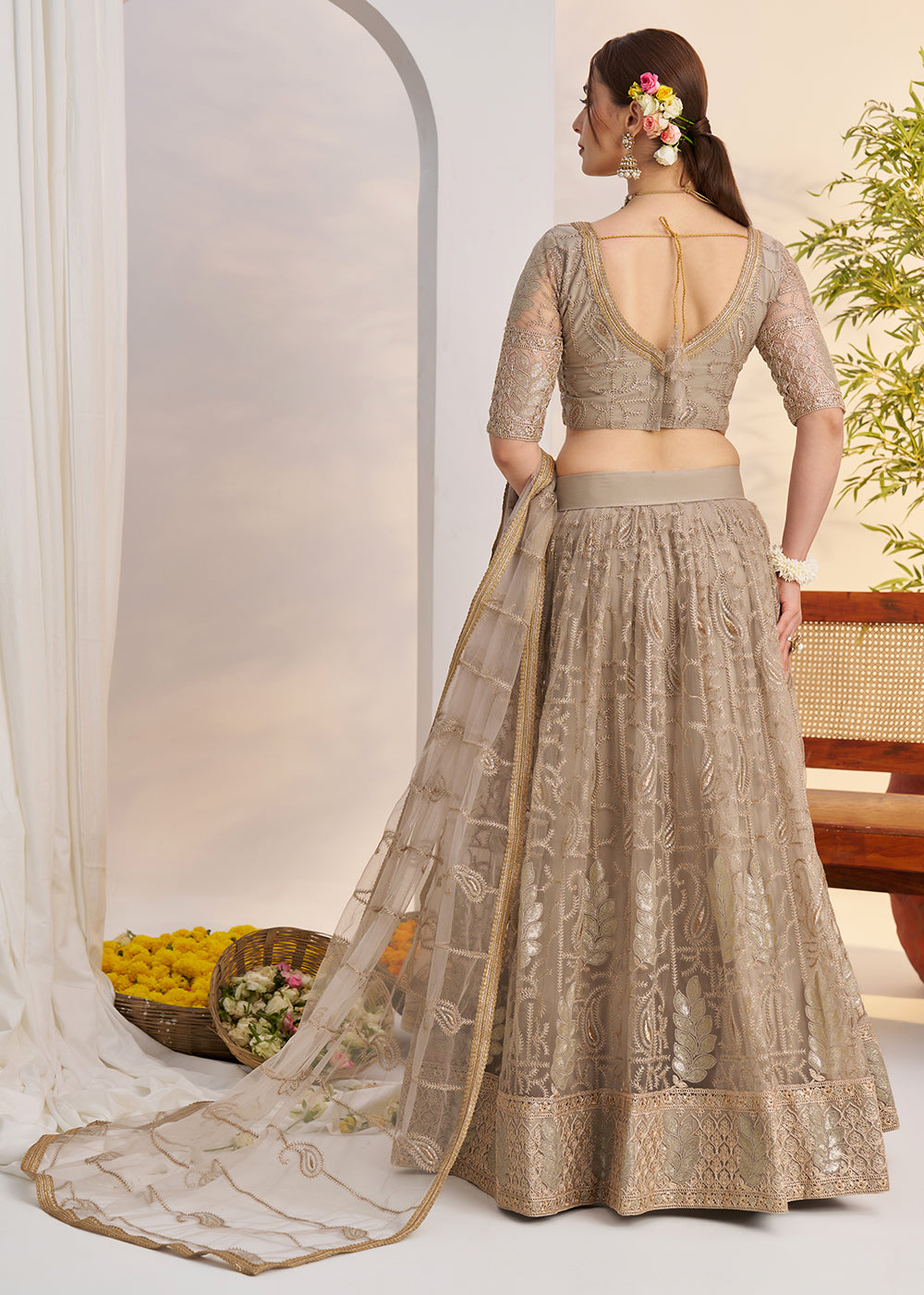 Buy Now Metal Grey Net Wedding Party Wear Lehenga Choli Online in US, UK, Canada, France, Italy, Germany, Austria, Singapore, Denmark & Worldwide at Empress.
