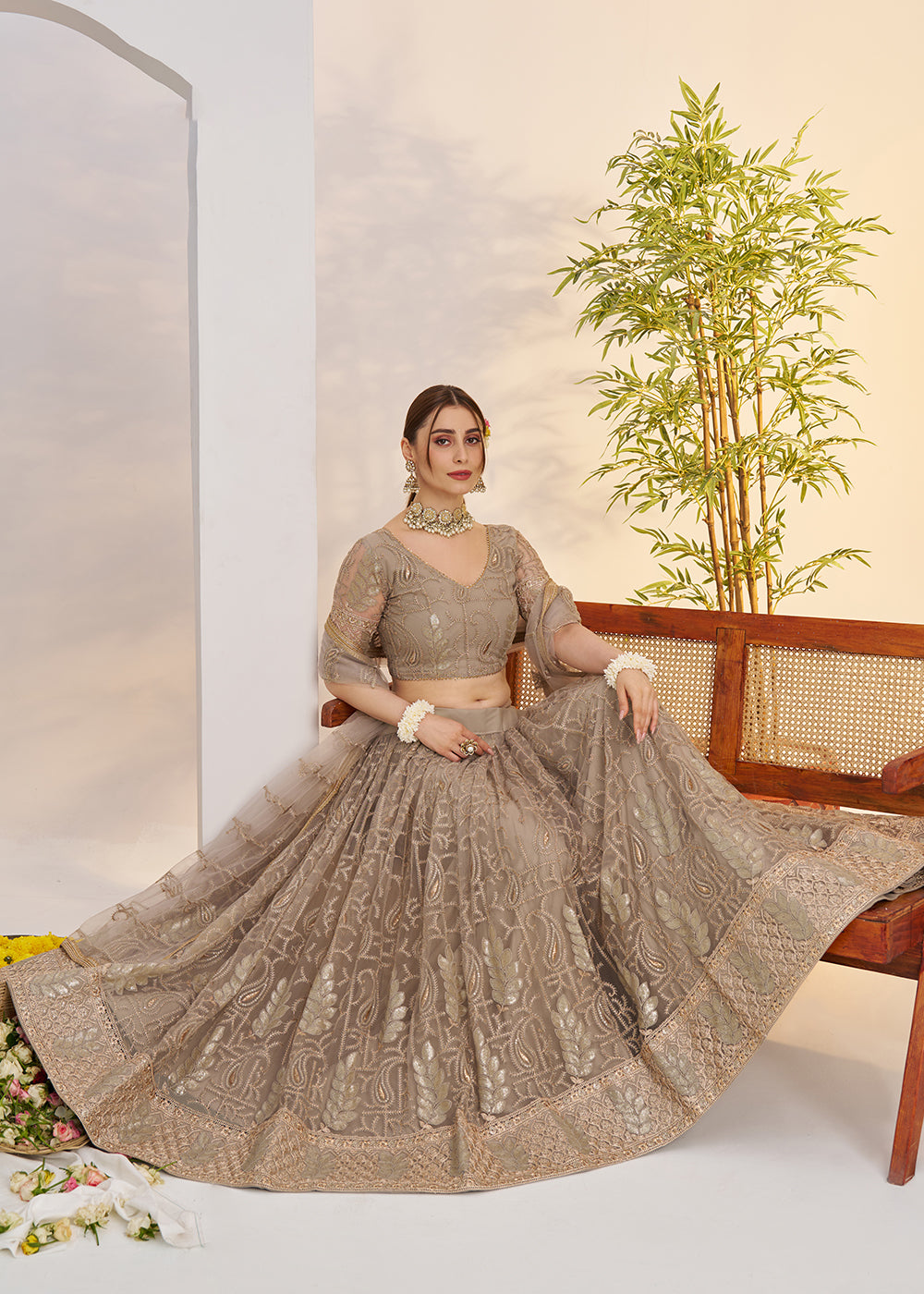 Buy Now Metal Grey Net Wedding Party Wear Lehenga Choli Online in US, UK, Canada, France, Italy, Germany, Austria, Singapore, Denmark & Worldwide at Empress.