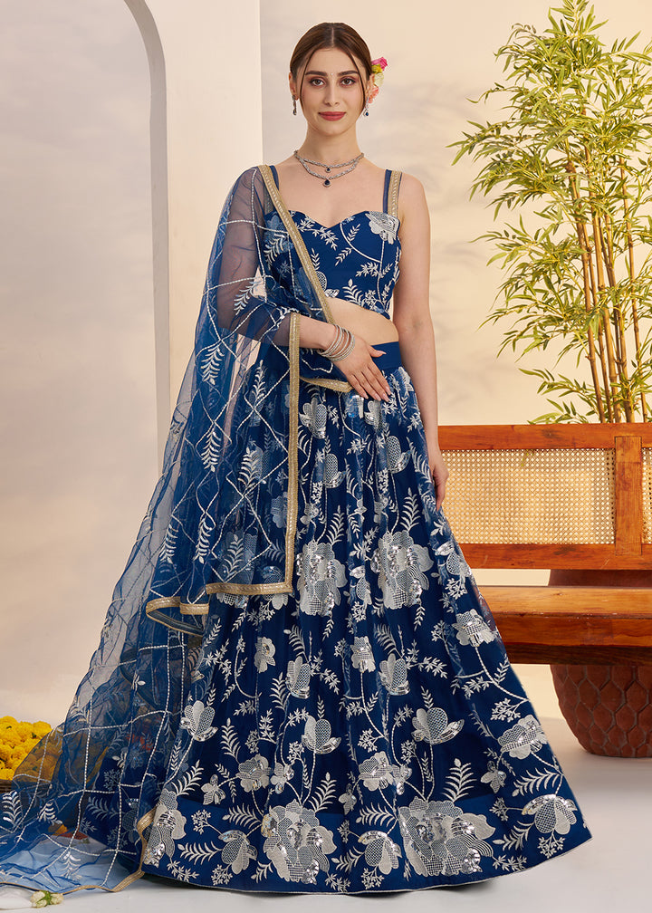Buy Now Morpich Blue Net Wedding Party Wear Lehenga Choli Online in US, UK, Canada, France, Italy, Germany, Austria, Singapore, Denmark & Worldwide at Empress.