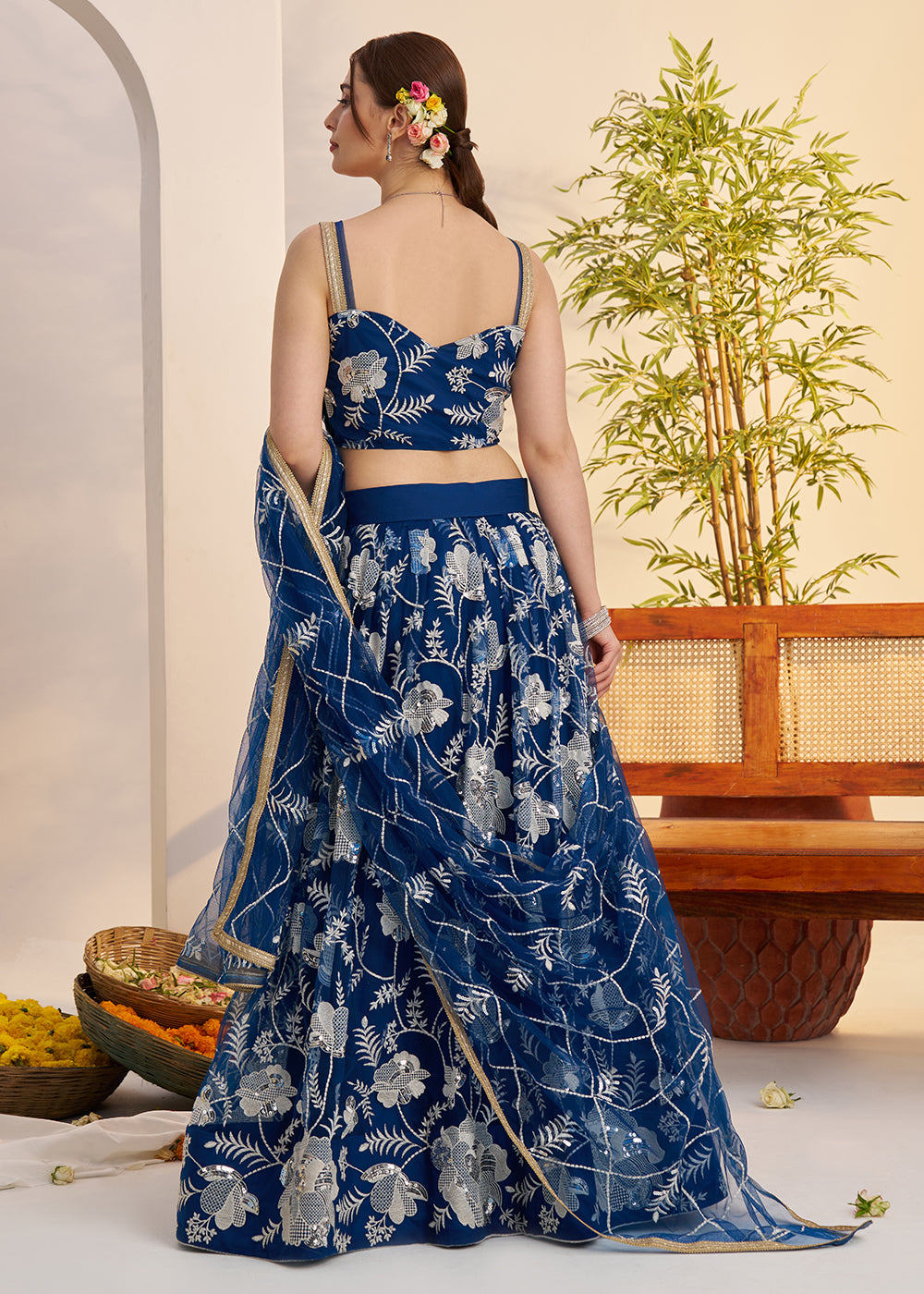 Buy Now Morpich Blue Net Wedding Party Wear Lehenga Choli Online in US, UK, Canada, France, Italy, Germany, Austria, Singapore, Denmark & Worldwide at Empress.