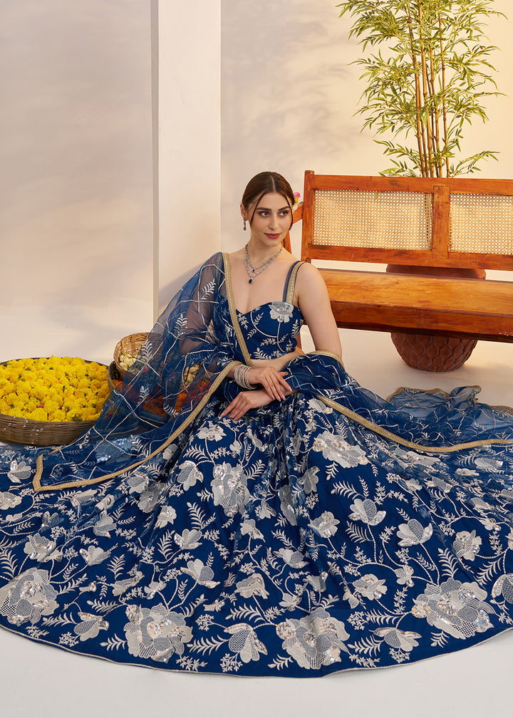 Buy Now Morpich Blue Net Wedding Party Wear Lehenga Choli Online in US, UK, Canada, France, Italy, Germany, Austria, Singapore, Denmark & Worldwide at Empress.
