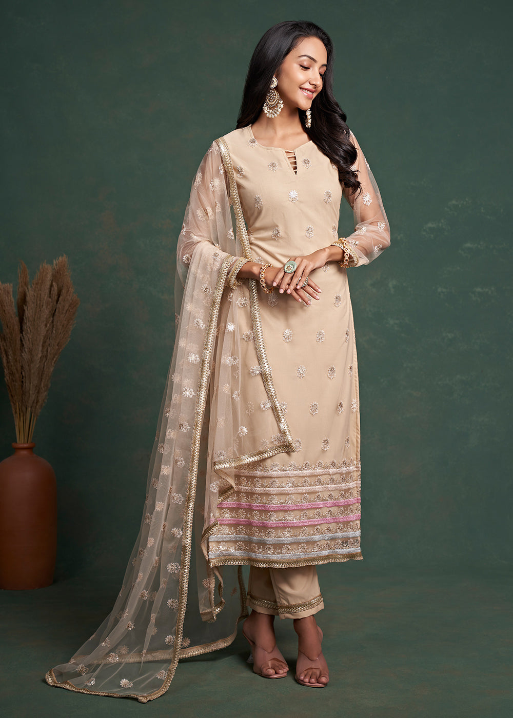 Buy Now Fabulous Beige Zari & Sequins Work Net Wedding Wear Salwar Suit Online in USA, UK, Canada, Germany, Australia & Worldwide at Empress Clothing.