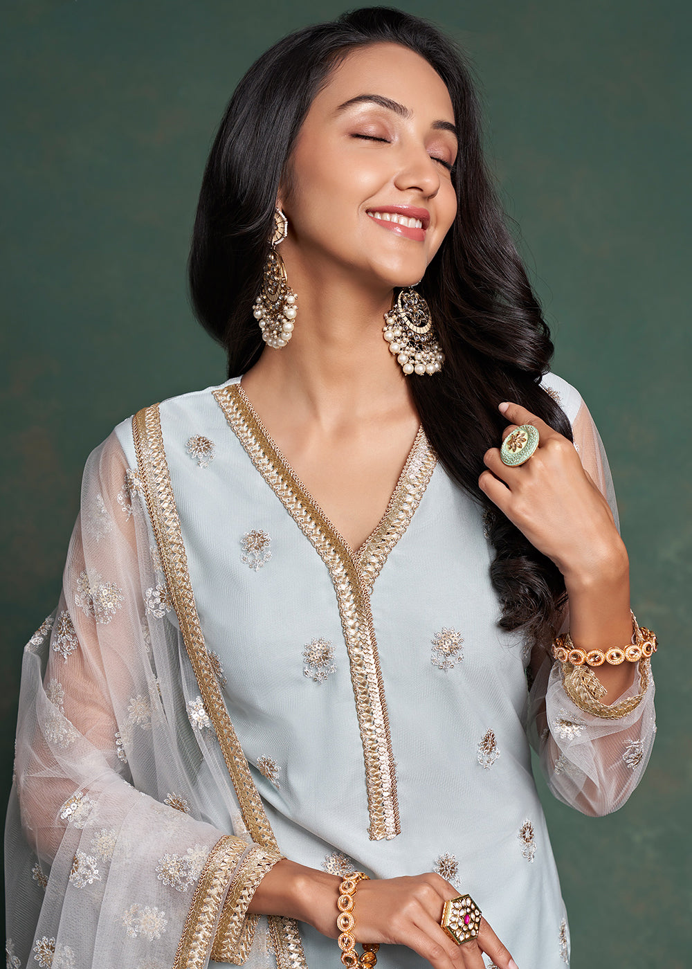 Buy Now Fabulous Sky Blue Zari & Sequins Work Net Wedding Wear Salwar Suit Online in USA, UK, Canada, Germany, Australia & Worldwide at Empress Clothing. 