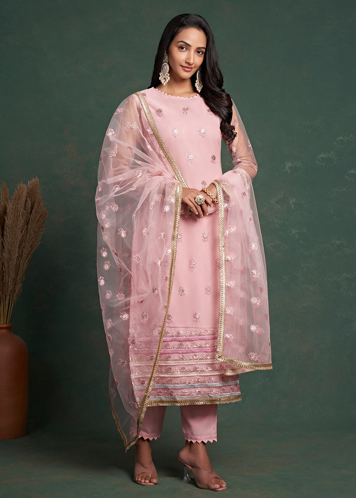 Buy Now Fabulous Pink Zari & Sequins Work Net Wedding Wear Salwar Suit Online in USA, UK, Canada, Germany, Australia & Worldwide at Empress Clothing. 
