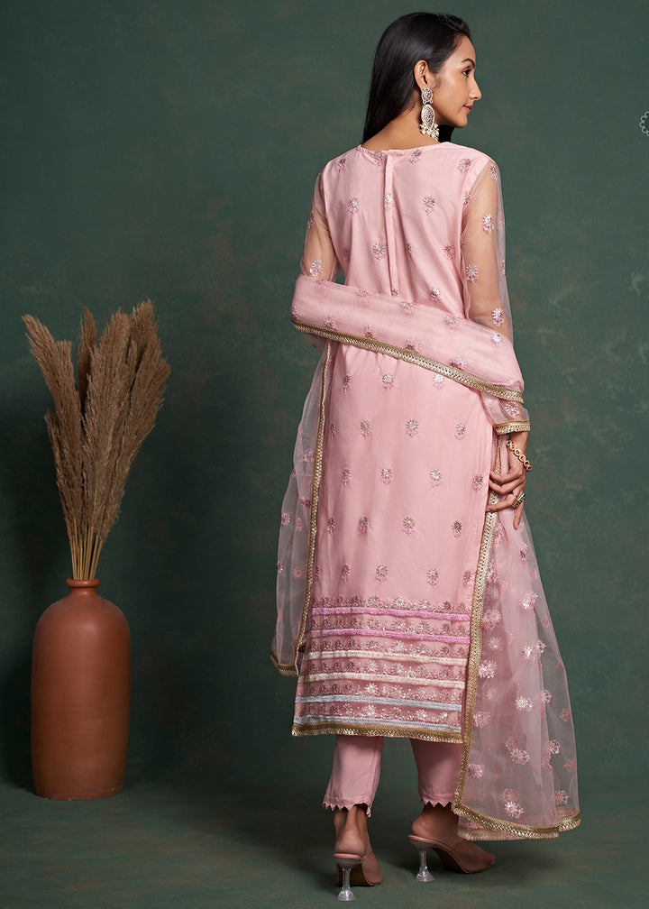 Buy Now Fabulous Pink Zari & Sequins Work Net Wedding Wear Salwar Suit Online in USA, UK, Canada, Germany, Australia & Worldwide at Empress Clothing. 