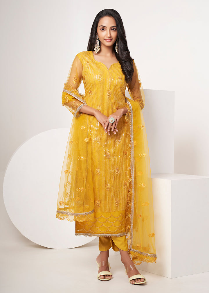Buy Now Mustard Yellow Net Embroidered Festive Salwar Suit Online in USA, UK, Canada, Germany, Australia & Worldwide at Empress Clothing.
