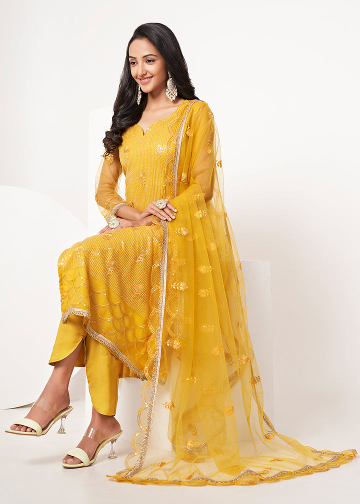 Buy Now Mustard Yellow Net Embroidered Festive Salwar Suit Online in USA, UK, Canada, Germany, Australia & Worldwide at Empress Clothing.