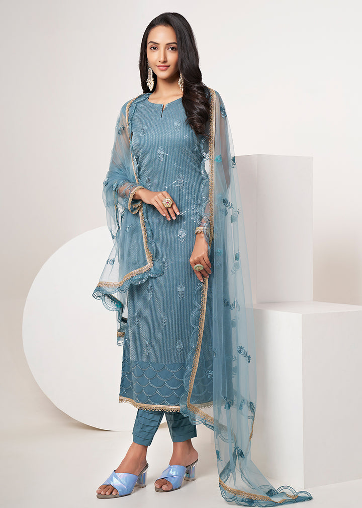 Buy Now Turquoise Blue Net Embroidered Festive Salwar Suit Online in USA, UK, Canada, Germany, Australia & Worldwide at Empress Clothing. 