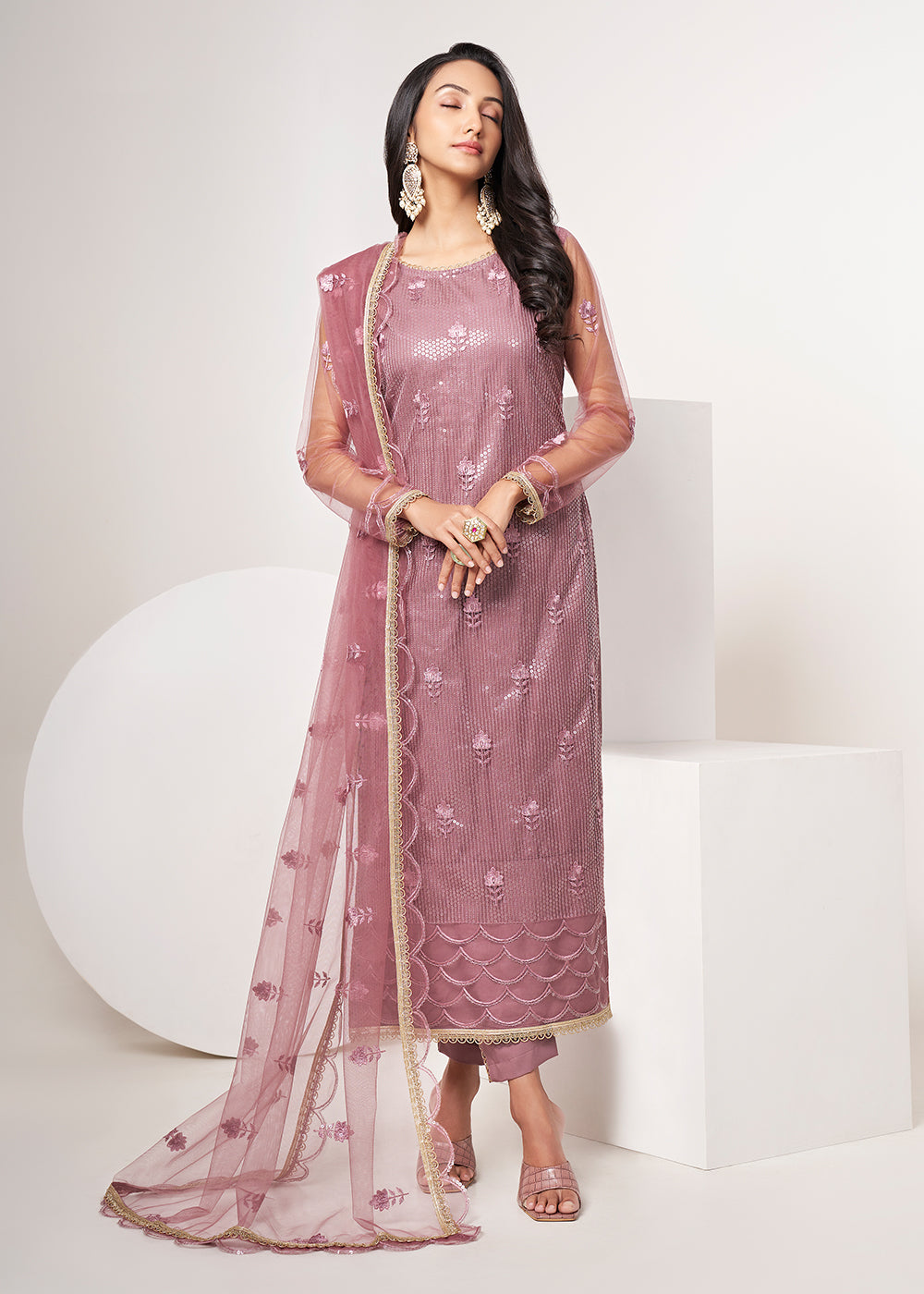 Buy Festive Salwar Suit Onion Pink Net Embroidered Salwar Suit