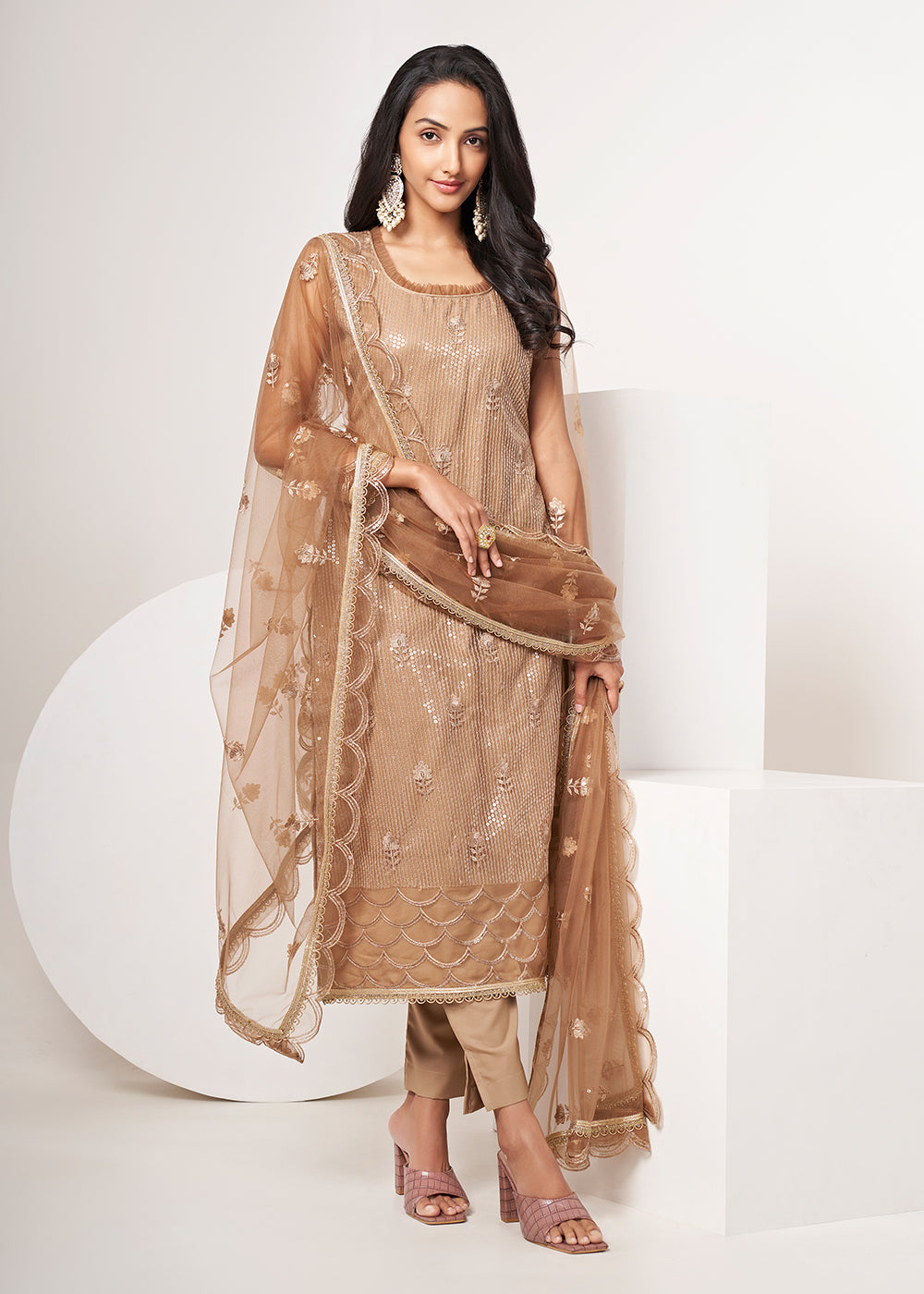 Buy Now Biscuit Brown Net Embroidered Festive Salwar Suit Online in USA, UK, Canada, Germany, Australia & Worldwide at Empress Clothing. 