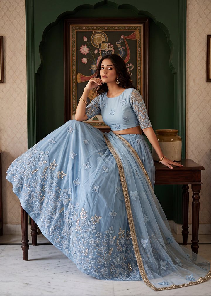 Buy Now Lovable Mint Blue Wedding Festive Net Lehenga Choli Online in US, UK, Canada, France, Italy, Germany, Sweden, Australia, Austria &amp; Worldwide at Empress.