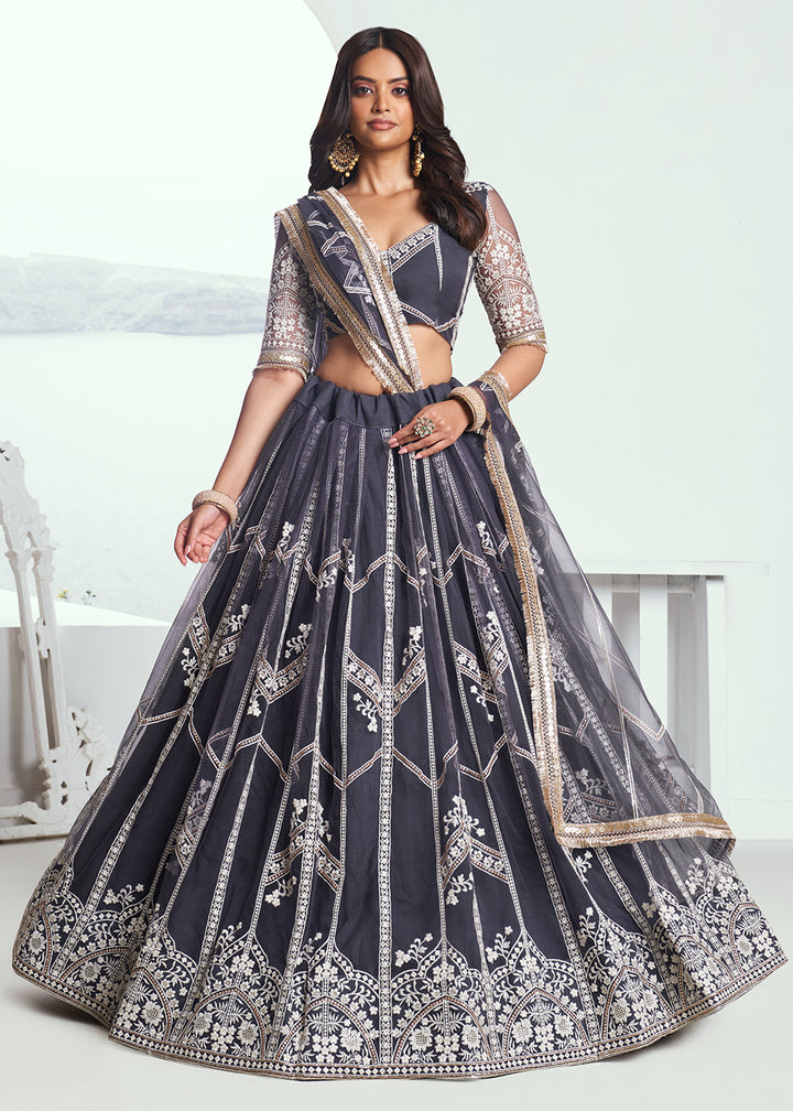 Buy Now Adorable Dark Grey Embroidered Wedding Wear Lehenga Choli Online in USA, UK, Canada, France, Italy, Germany, UAE & Worldwide at Empress Clothing.