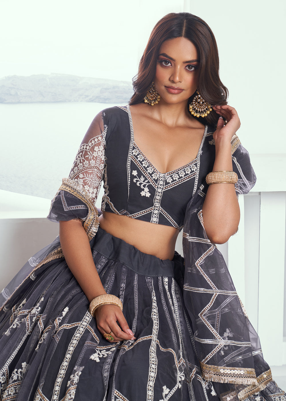 Buy Now Adorable Dark Grey Embroidered Wedding Wear Lehenga Choli Online in USA, UK, Canada, France, Italy, Germany, UAE & Worldwide at Empress Clothing.