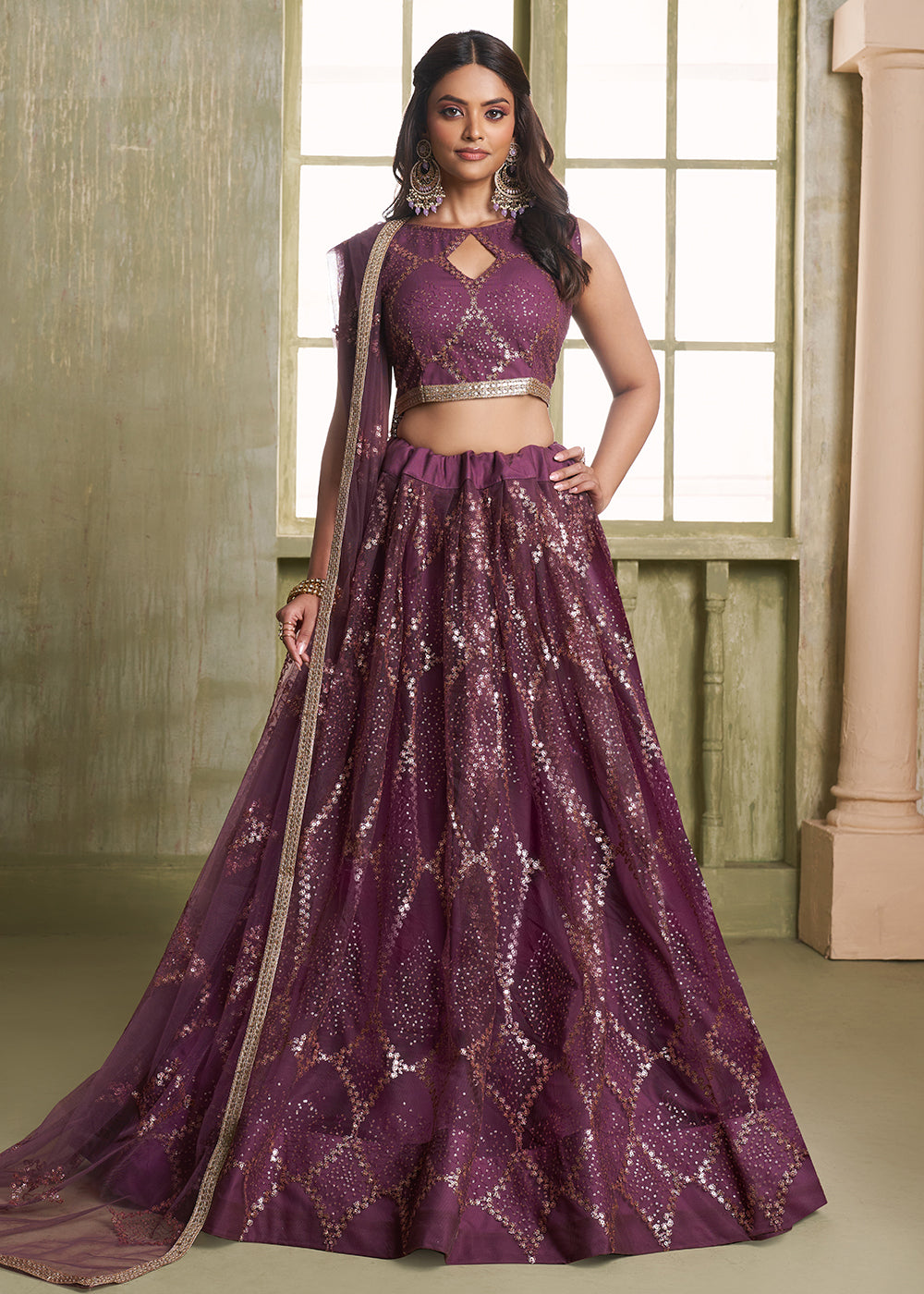 Buy Now Enchanting Wine Net Wedding Festive Lehenga Choli Online in USA, UK, Canada, France, Italy & Worldwide at Empress Clothing.