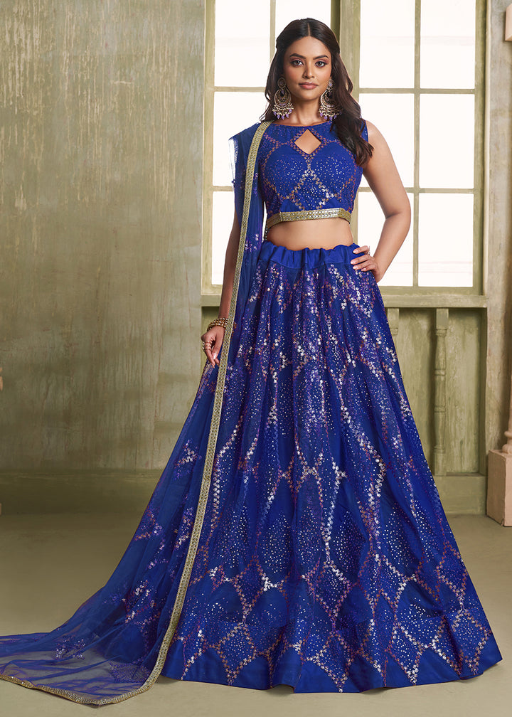 Buy Now Enchanting Blue Net Wedding Festive Lehenga Choli Online in USA, UK, Canada, France, Italy &amp; Worldwide at Empress Clothing. Free International Shipping.