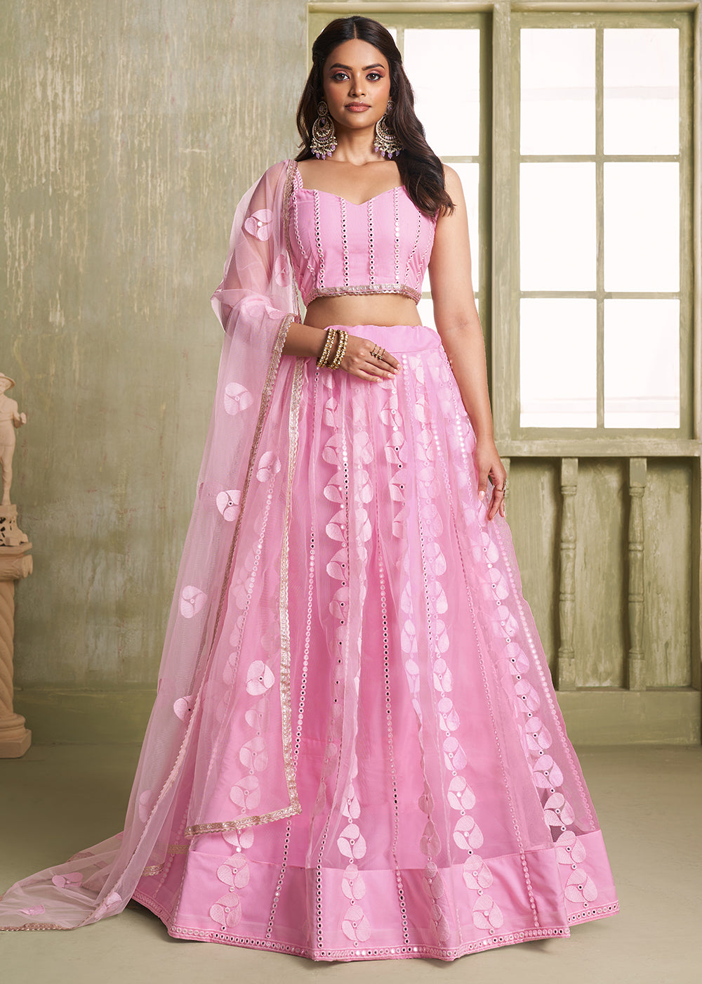 Buy Now Enchanting Pink Net Wedding Festive Lehenga Choli Online in USA, UK, Canada, France, Italy & Worldwide at Empress Clothing.