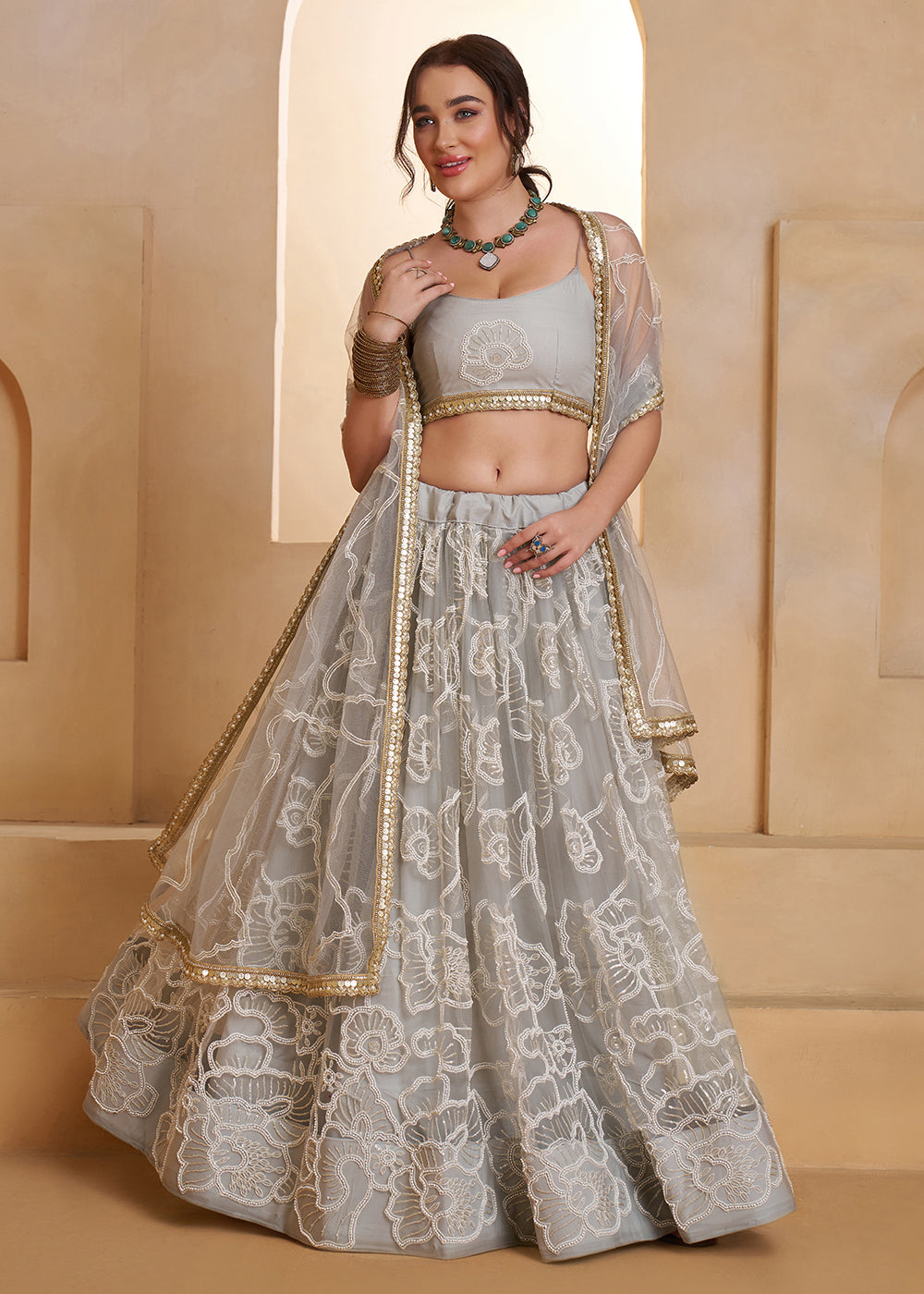 Buy Now Light Grey Beats Embroidery Designer Lehenga Choli Online in US, UK, France, Swiss, Netherlands, Germany, Italy, Canada, UAE & Worldwide at Empress.