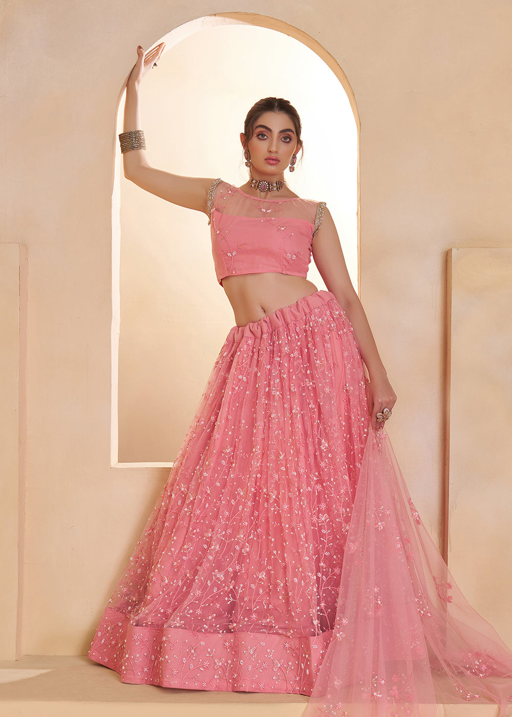 Buy Now Light Pink Beats Embroidery Designer Lehenga Choli Online in US, UK, France, Swiss, Netherlands, Germany, Italy, Canada, UAE & Worldwide at Empress.