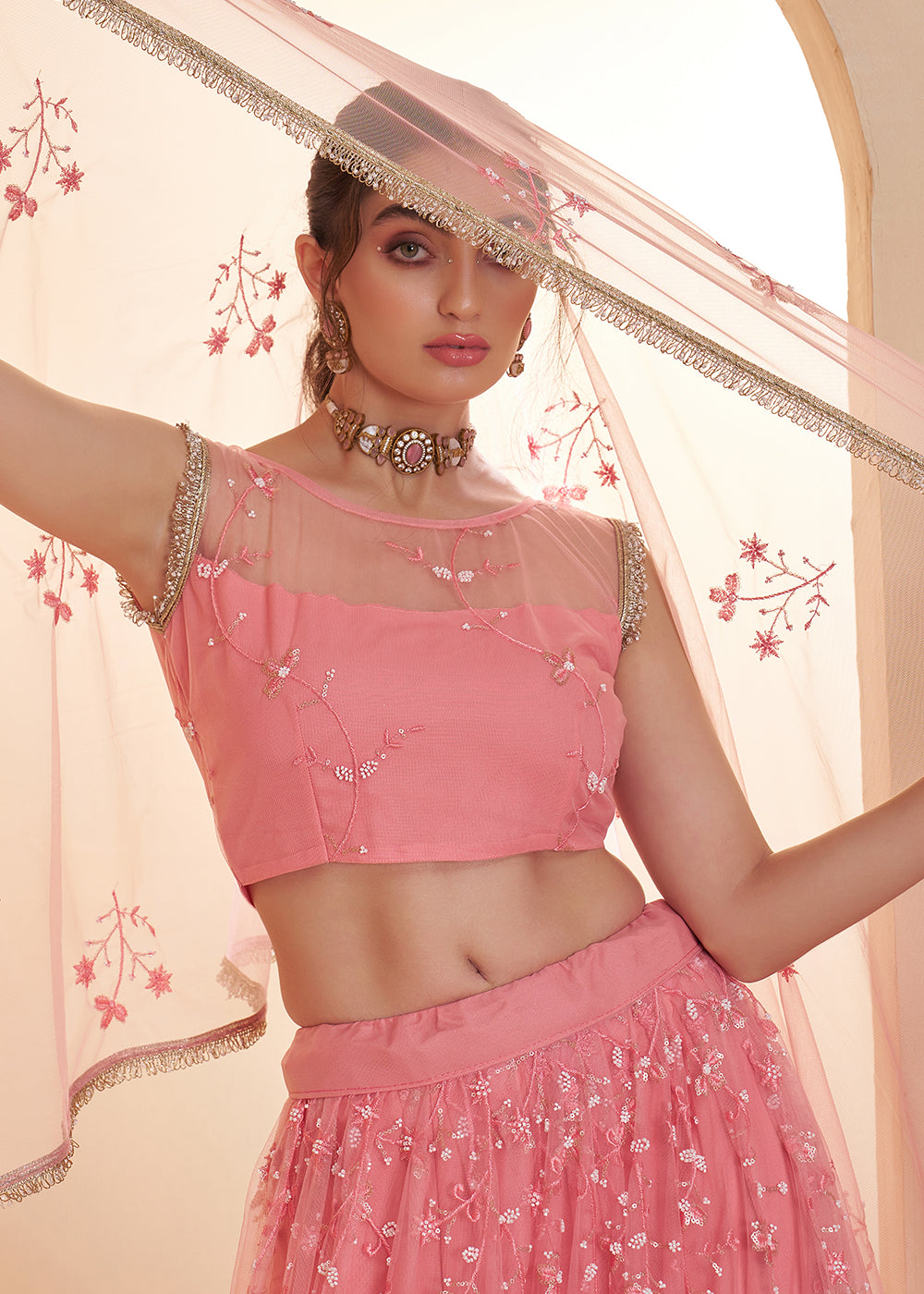 Buy Now Light Pink Beats Embroidery Designer Lehenga Choli Online in US, UK, France, Swiss, Netherlands, Germany, Italy, Canada, UAE & Worldwide at Empress.