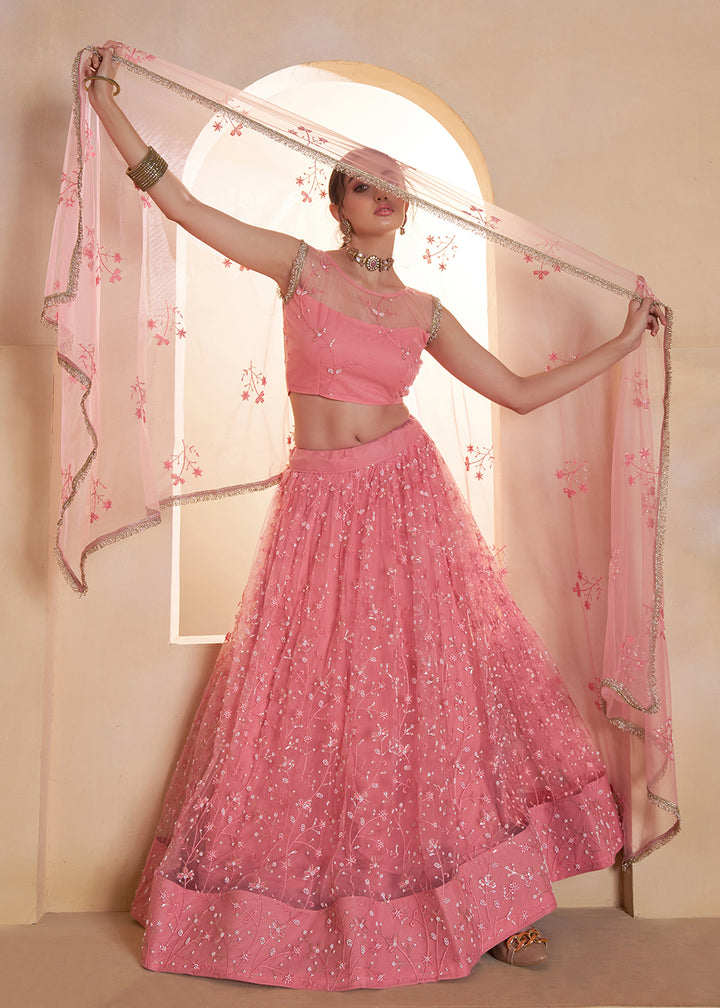 Buy Now Light Pink Beats Embroidery Designer Lehenga Choli Online in US, UK, France, Swiss, Netherlands, Germany, Italy, Canada, UAE & Worldwide at Empress.