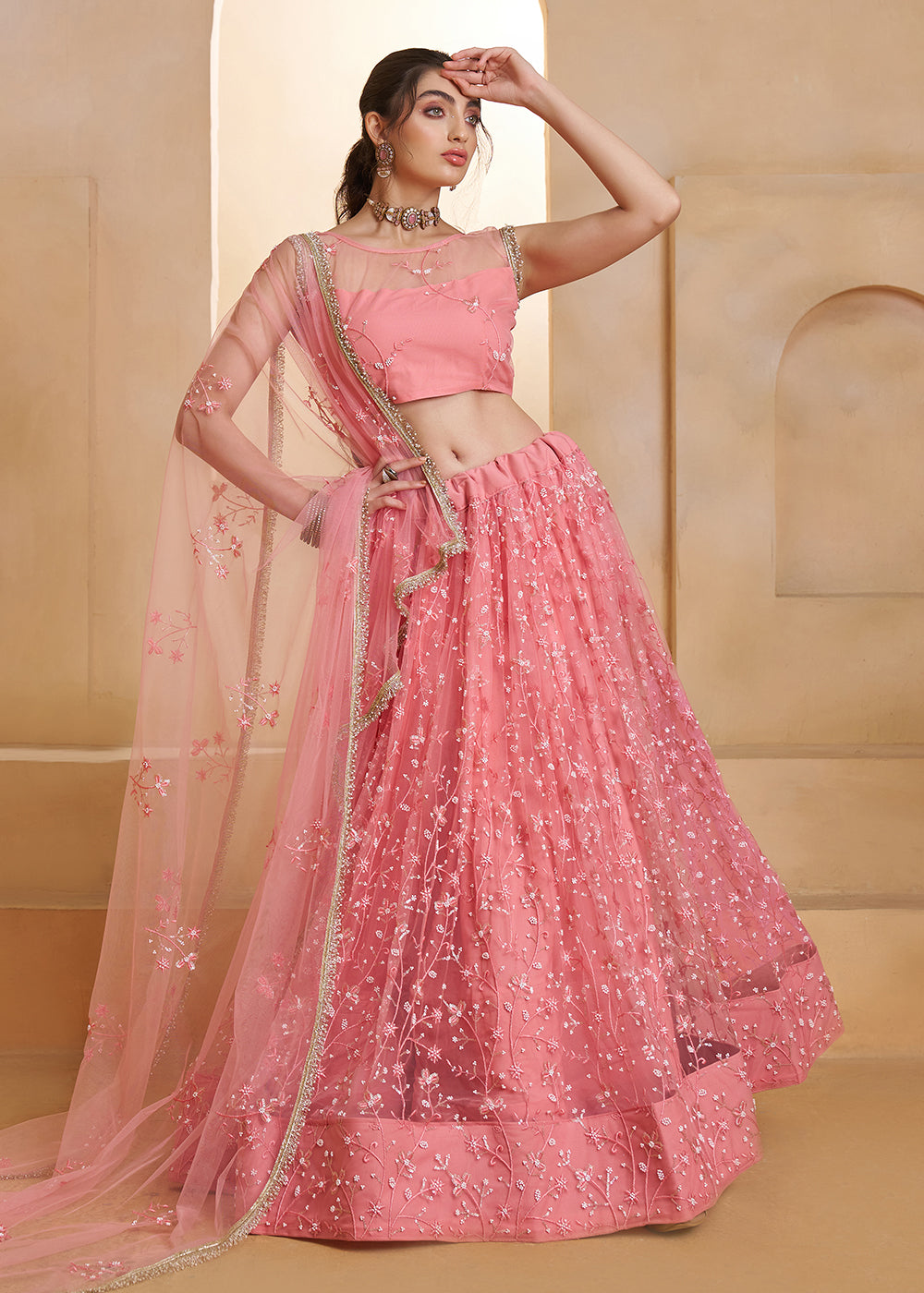 Buy Now Light Pink Beats Embroidery Designer Lehenga Choli Online in US, UK, France, Swiss, Netherlands, Germany, Italy, Canada, UAE & Worldwide at Empress.