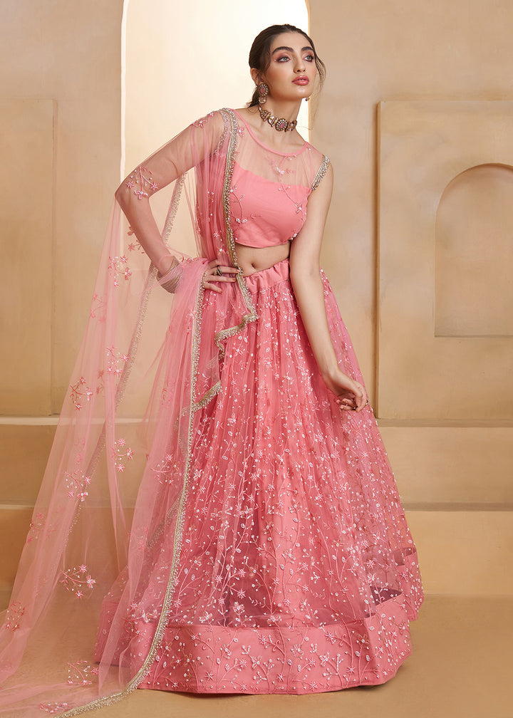 Buy Now Light Pink Beats Embroidery Designer Lehenga Choli Online in US, UK, France, Swiss, Netherlands, Germany, Italy, Canada, UAE & Worldwide at Empress.
