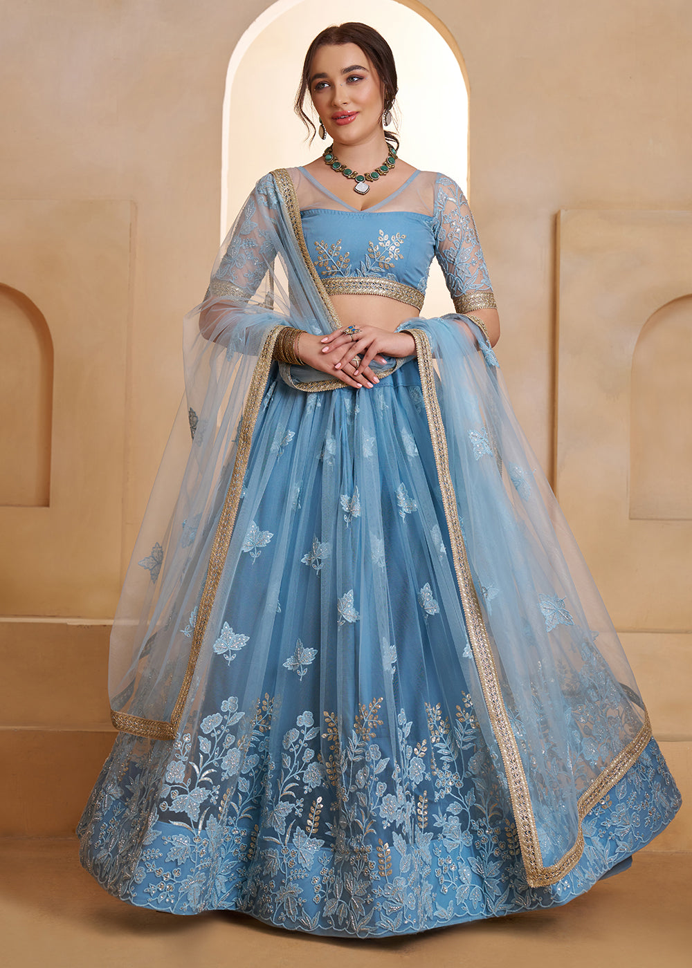 Buy Now Mint Blue Beats Embroidery Designer Lehenga Choli Online in US, UK, France, Swiss, Netherlands, Germany, Italy, Canada, UAE & Worldwide at Empress.