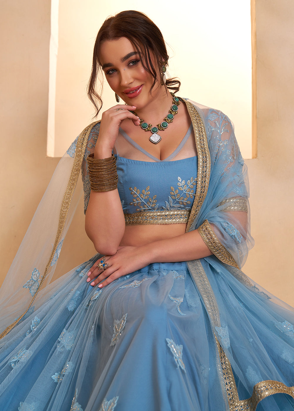 Buy Now Mint Blue Beats Embroidery Designer Lehenga Choli Online in US, UK, France, Swiss, Netherlands, Germany, Italy, Canada, UAE & Worldwide at Empress.